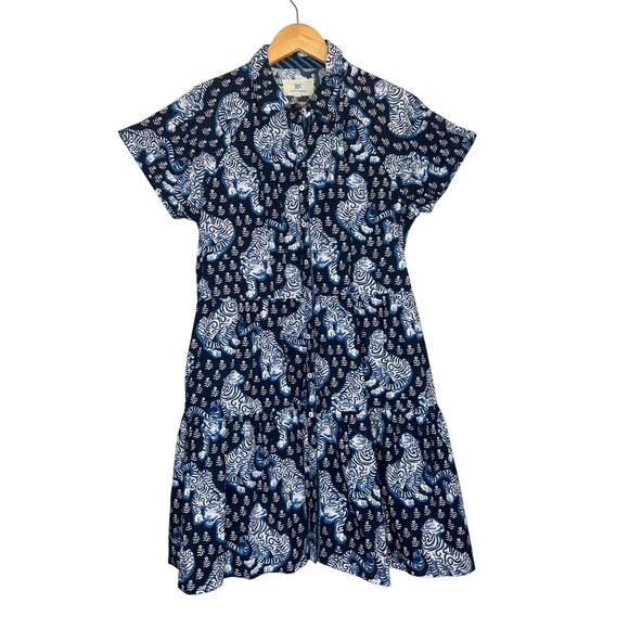 Anthropologie Printfresh Tiger Queen Navy Easy Elegance Tiered Dress Large Boho - Picture 2 of 8